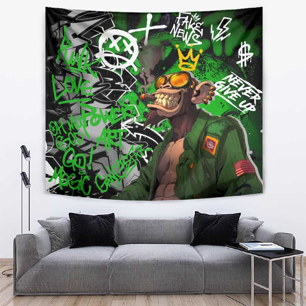 Graffiti Street Art Tapestry Smoking Ape Character and Neon Crown Symbols TS04