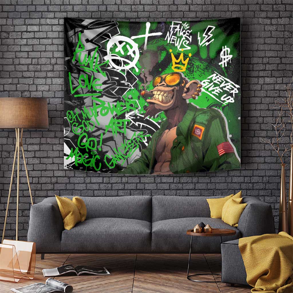 Graffiti Street Art Tapestry Smoking Ape Character and Neon Crown Symbols TS04