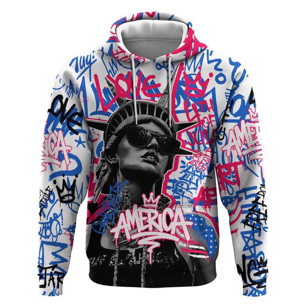 Statue of Liberty Graffiti Street Art Hoodie America Text and 4th of July Theme in Red White and Blue Design TS04