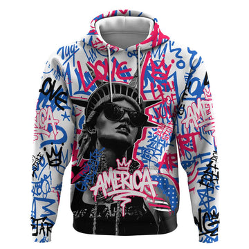 Statue of Liberty Graffiti Street Art Hoodie America Text and 4th of July Theme in Red White and Blue Design TS04