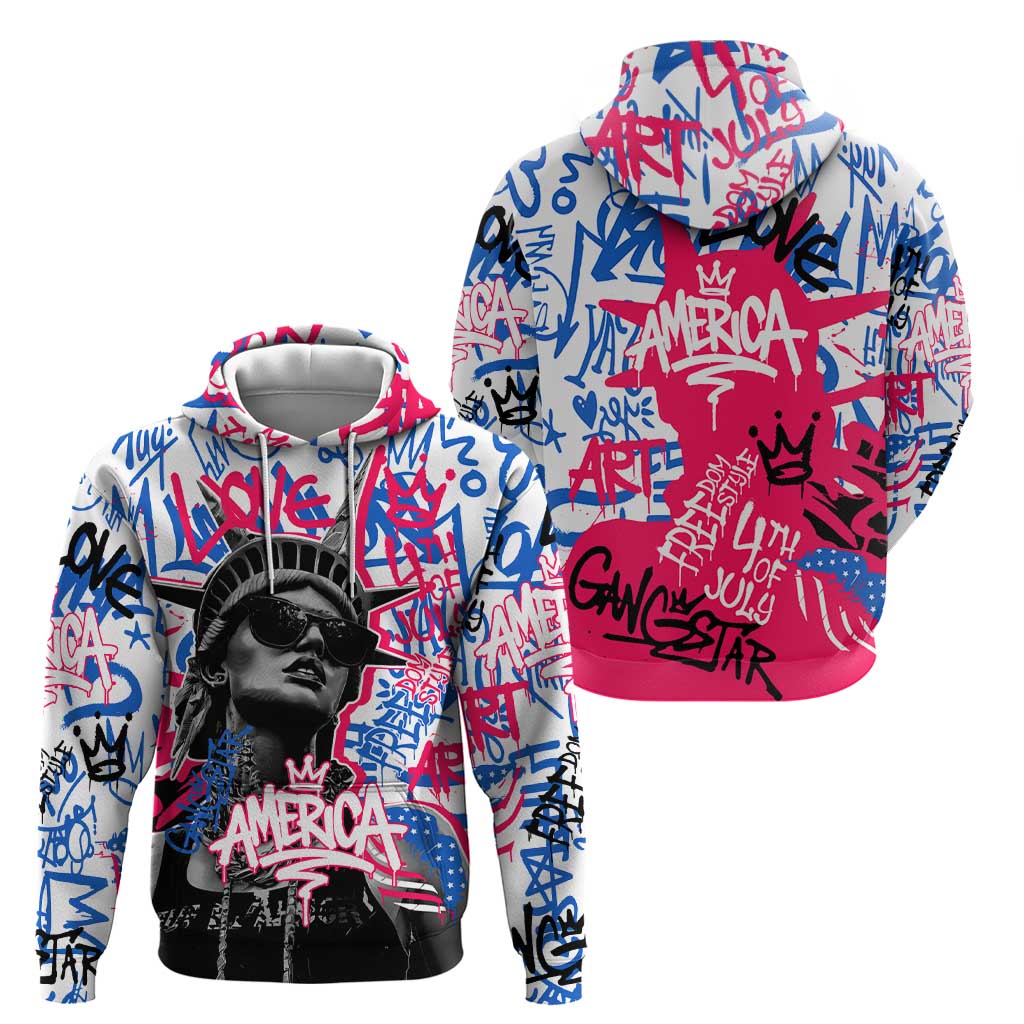 Statue of Liberty Graffiti Street Art Hoodie America Text and 4th of July Theme in Red White and Blue Design TS04