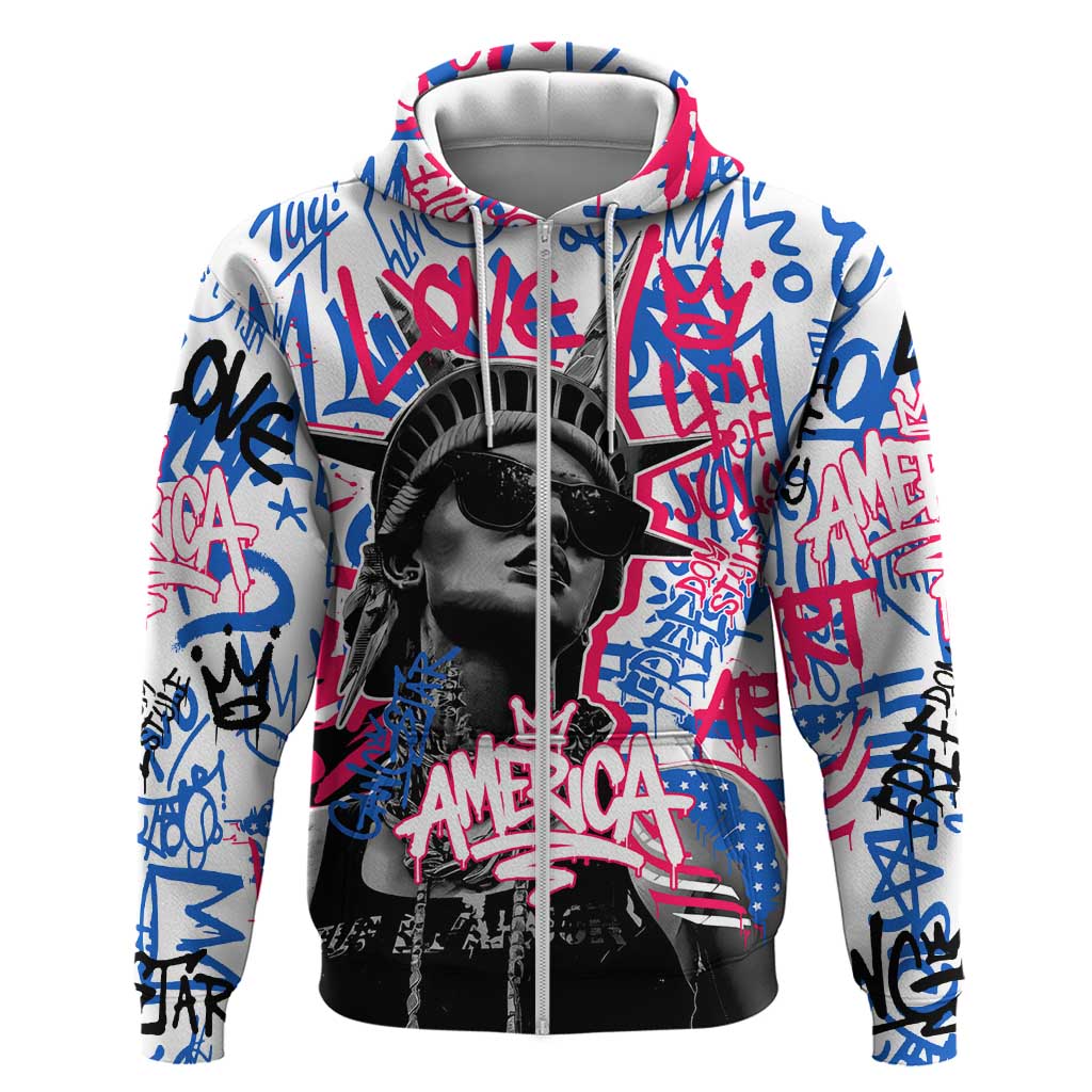 Statue of Liberty Graffiti Street Art Hoodie America Text and 4th of July Theme in Red White and Blue Design TS04