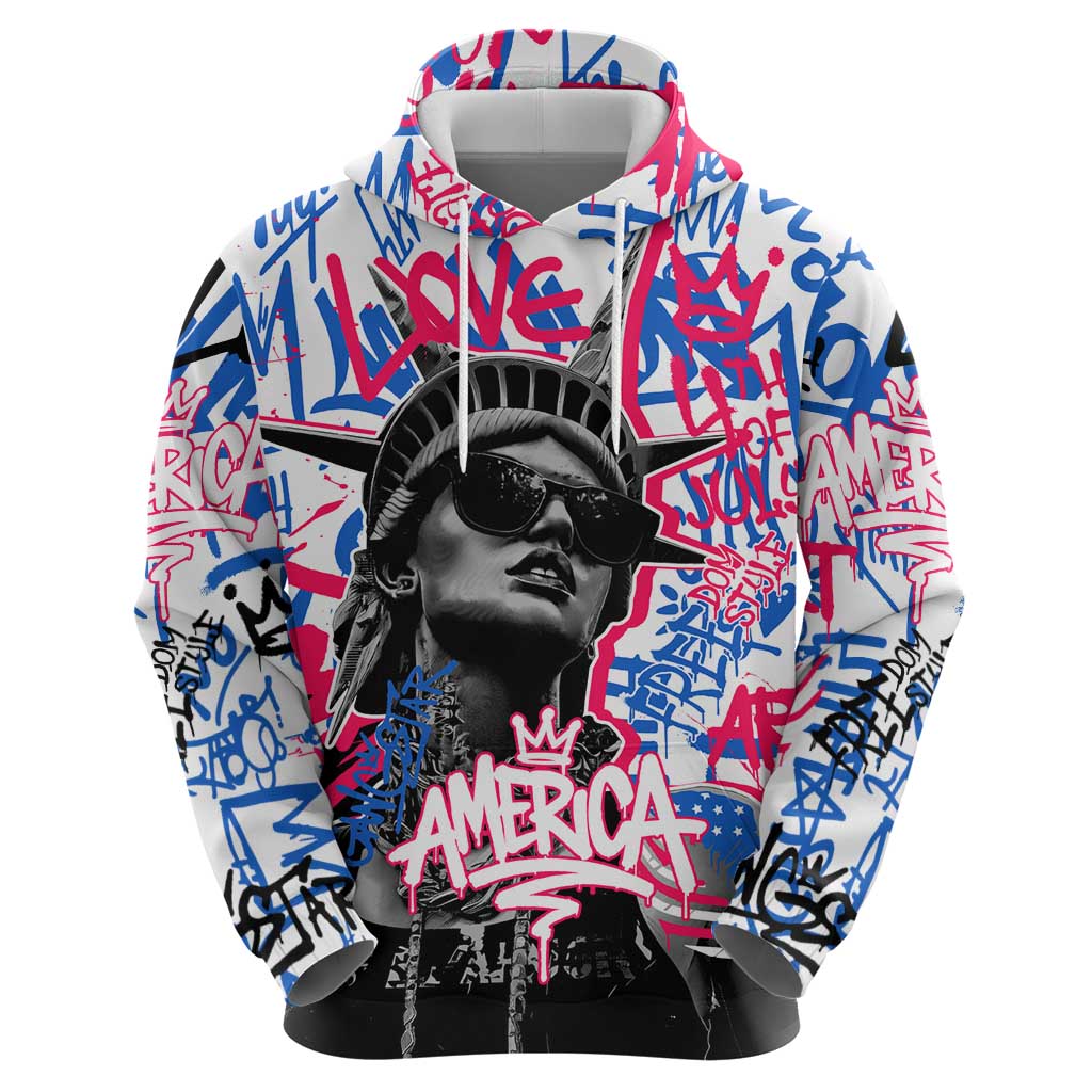 Statue of Liberty Graffiti Street Art Hoodie America Text and 4th of July Theme in Red White and Blue Design TS04