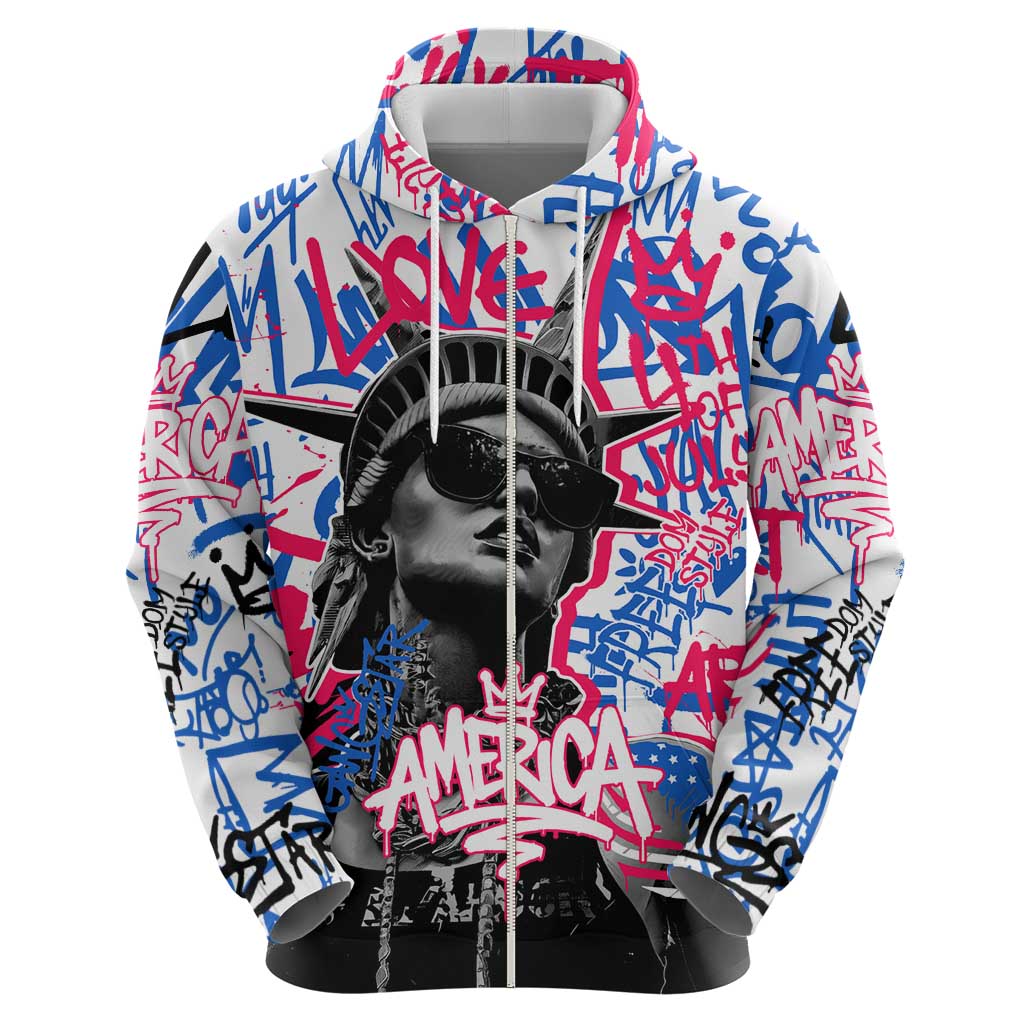Statue of Liberty Graffiti Street Art Hoodie America Text and 4th of July Theme in Red White and Blue Design TS04
