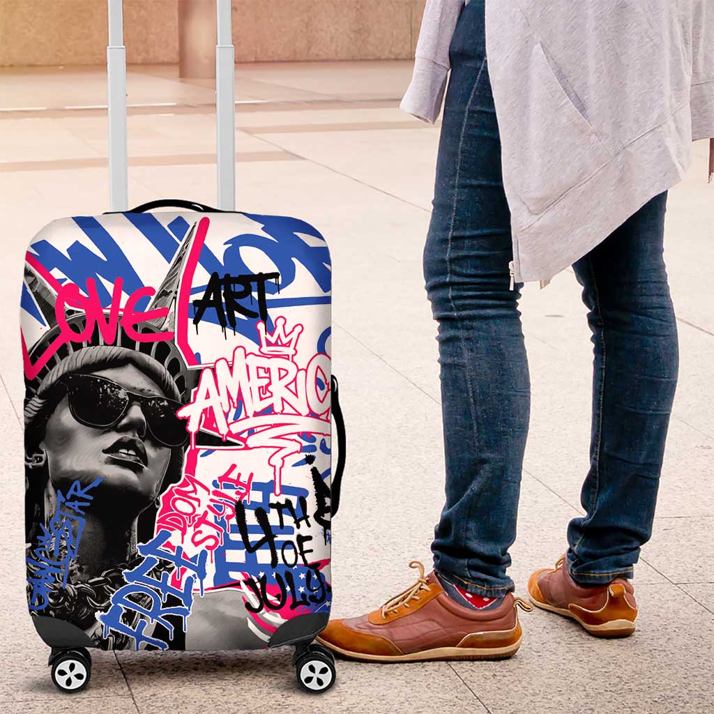 Statue of Liberty Graffiti Street Art Luggage Cover America Text and 4th of July Theme in Red White and Blue Design TS04