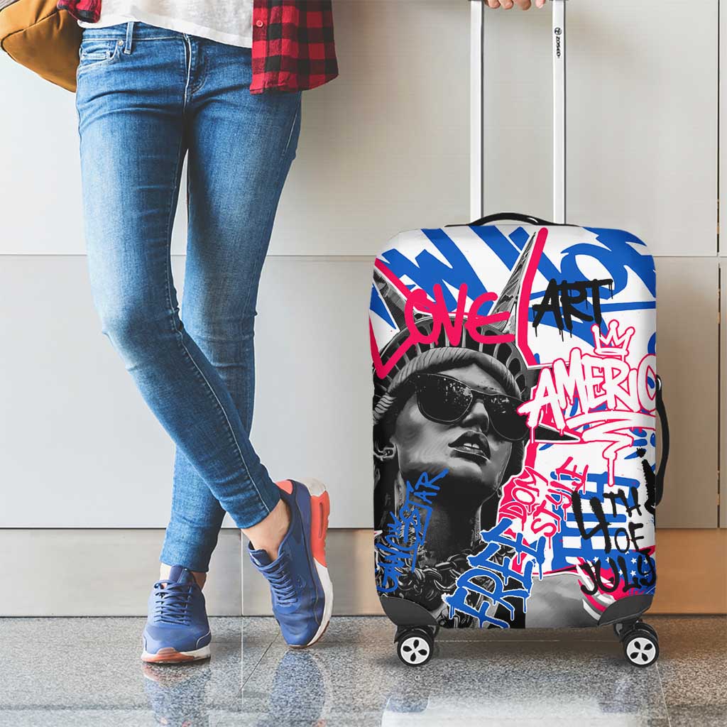 Statue of Liberty Graffiti Street Art Luggage Cover America Text and 4th of July Theme in Red White and Blue Design TS04