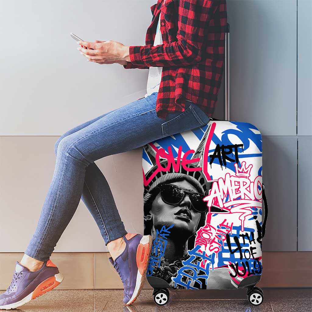 Statue of Liberty Graffiti Street Art Luggage Cover America Text and 4th of July Theme in Red White and Blue Design TS04