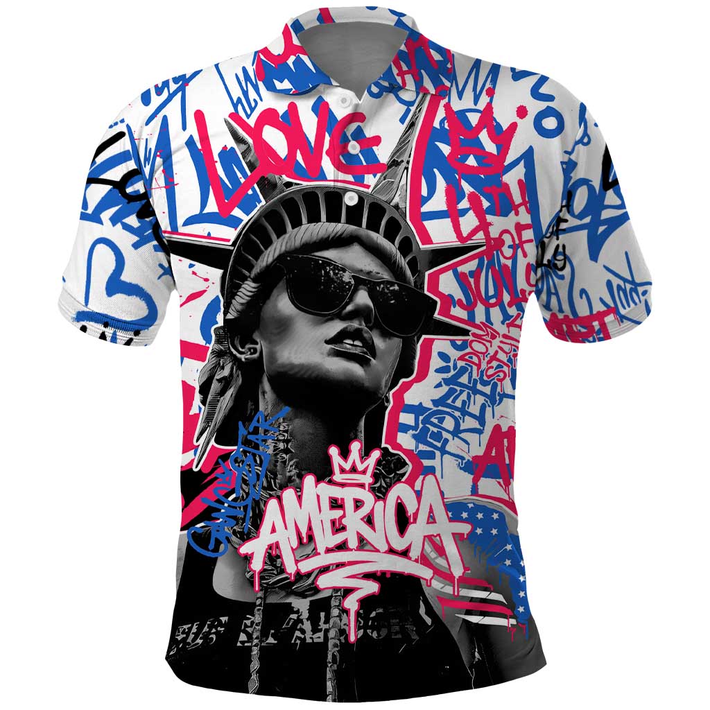 Statue of Liberty Graffiti Street Art Polo Shirt America Text and 4th of July Theme in Red White and Blue Design TS04