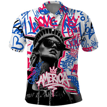 Statue of Liberty Graffiti Street Art Polo Shirt America Text and 4th of July Theme in Red White and Blue Design TS04