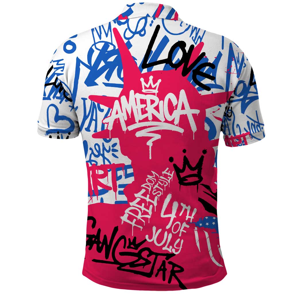 Statue of Liberty Graffiti Street Art Polo Shirt America Text and 4th of July Theme in Red White and Blue Design TS04