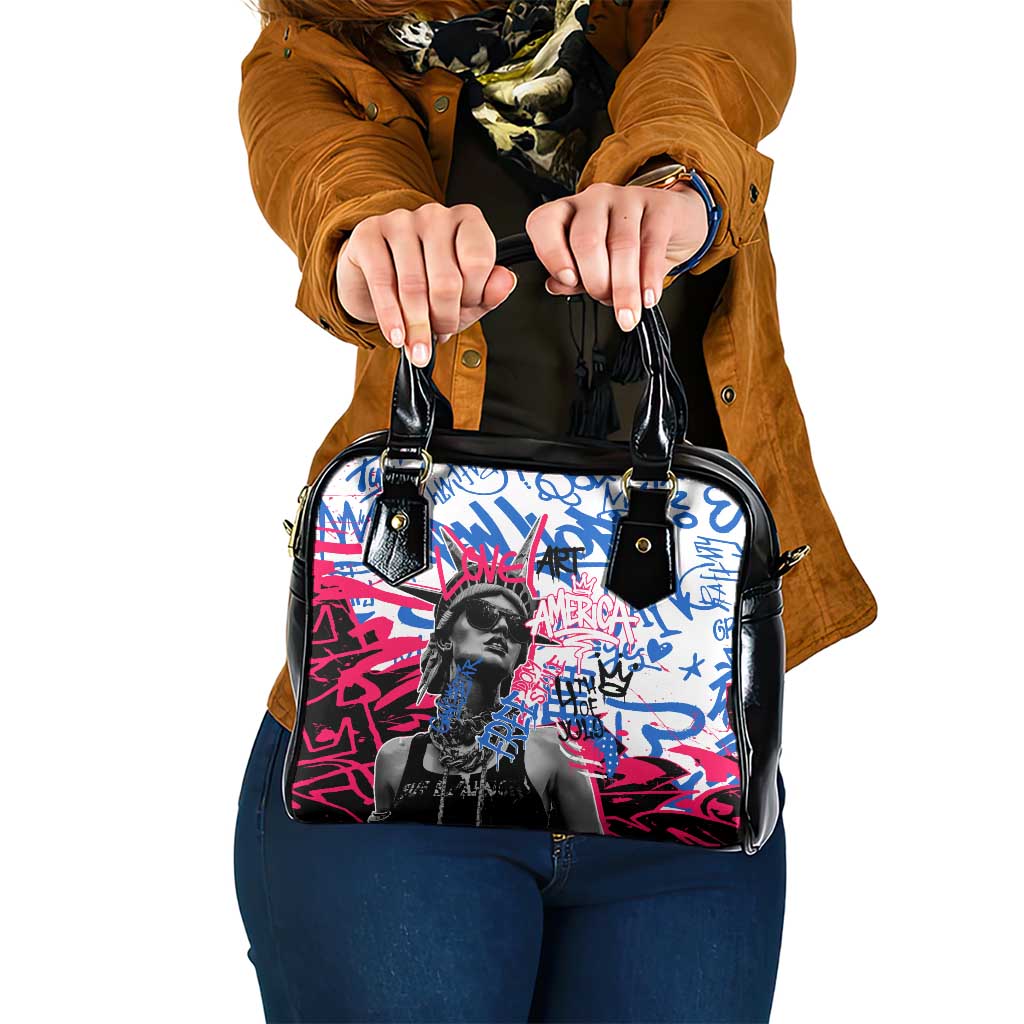 Statue of Liberty Graffiti Street Art Shoulder Handbag America Text and 4th of July Theme in Red White and Blue Design TS04