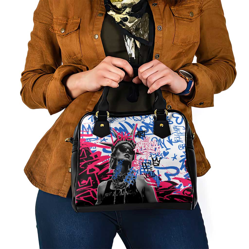 Statue of Liberty Graffiti Street Art Shoulder Handbag America Text and 4th of July Theme in Red White and Blue Design TS04