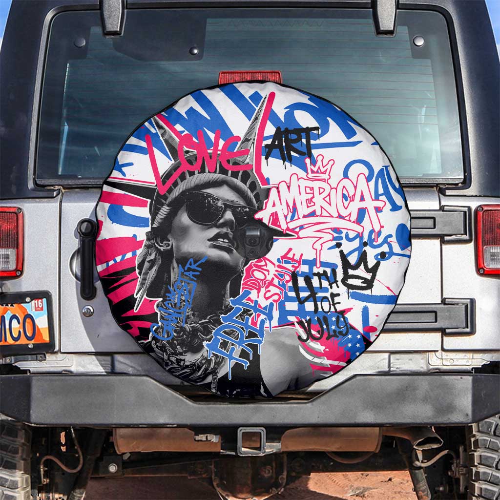 Statue of Liberty Graffiti Street Art Spare Tire Cover America Text and 4th of July Theme in Red White and Blue Design TS04