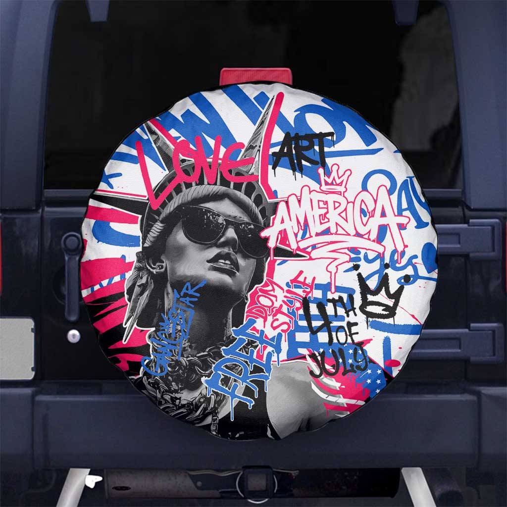 Statue of Liberty Graffiti Street Art Spare Tire Cover America Text and 4th of July Theme in Red White and Blue Design TS04