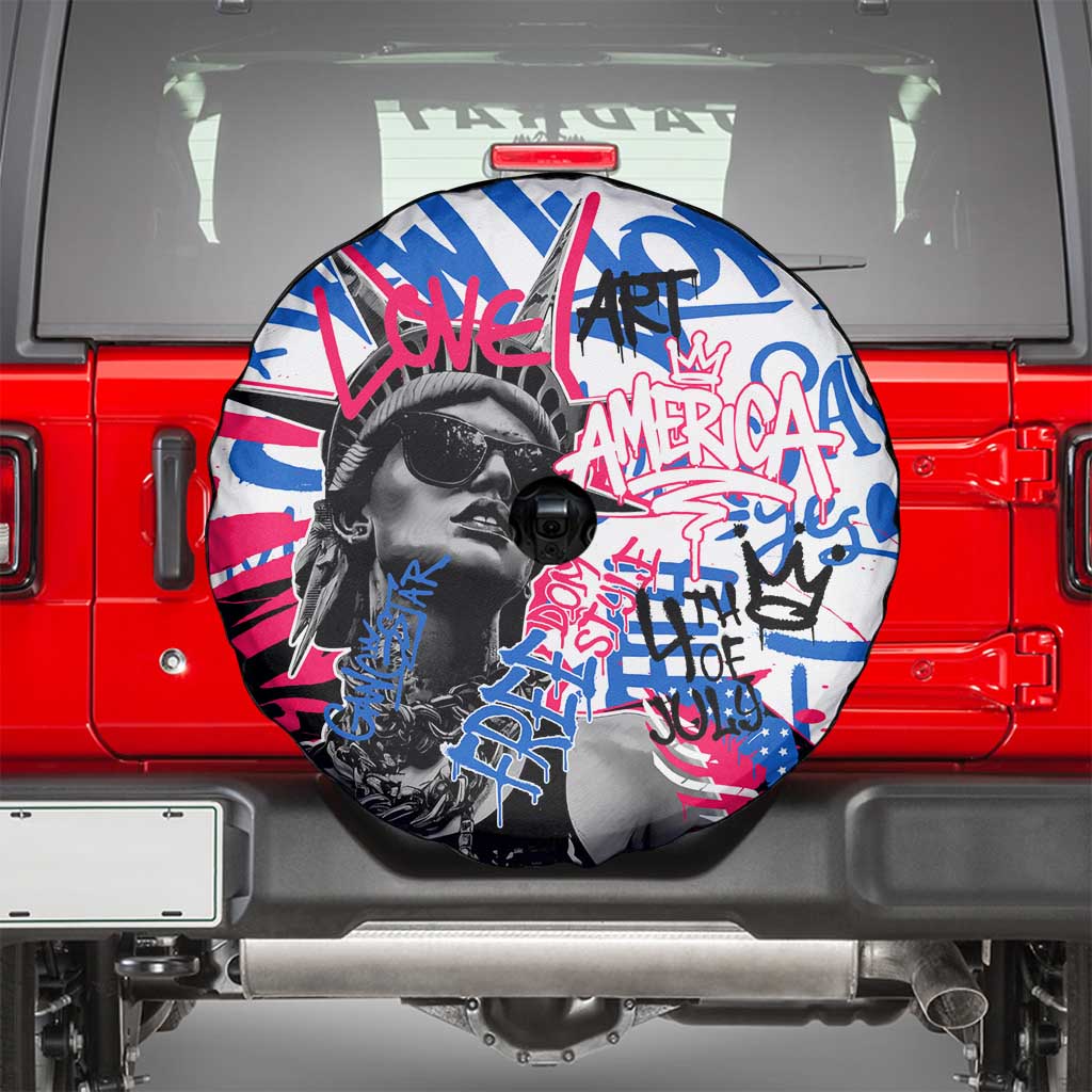 Statue of Liberty Graffiti Street Art Spare Tire Cover America Text and 4th of July Theme in Red White and Blue Design TS04