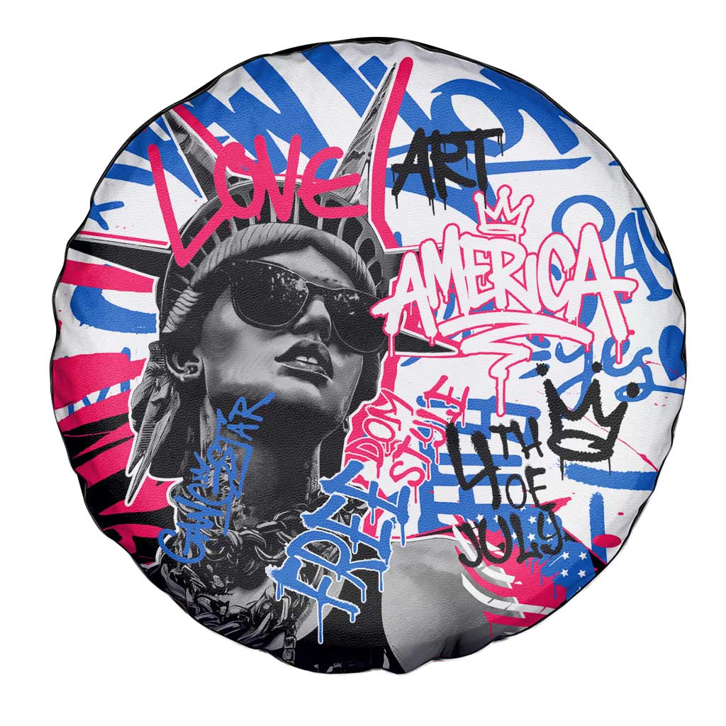 Statue of Liberty Graffiti Street Art Spare Tire Cover America Text and 4th of July Theme in Red White and Blue Design TS04
