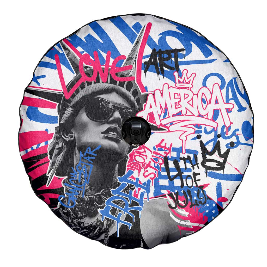 Statue of Liberty Graffiti Street Art Spare Tire Cover America Text and 4th of July Theme in Red White and Blue Design TS04