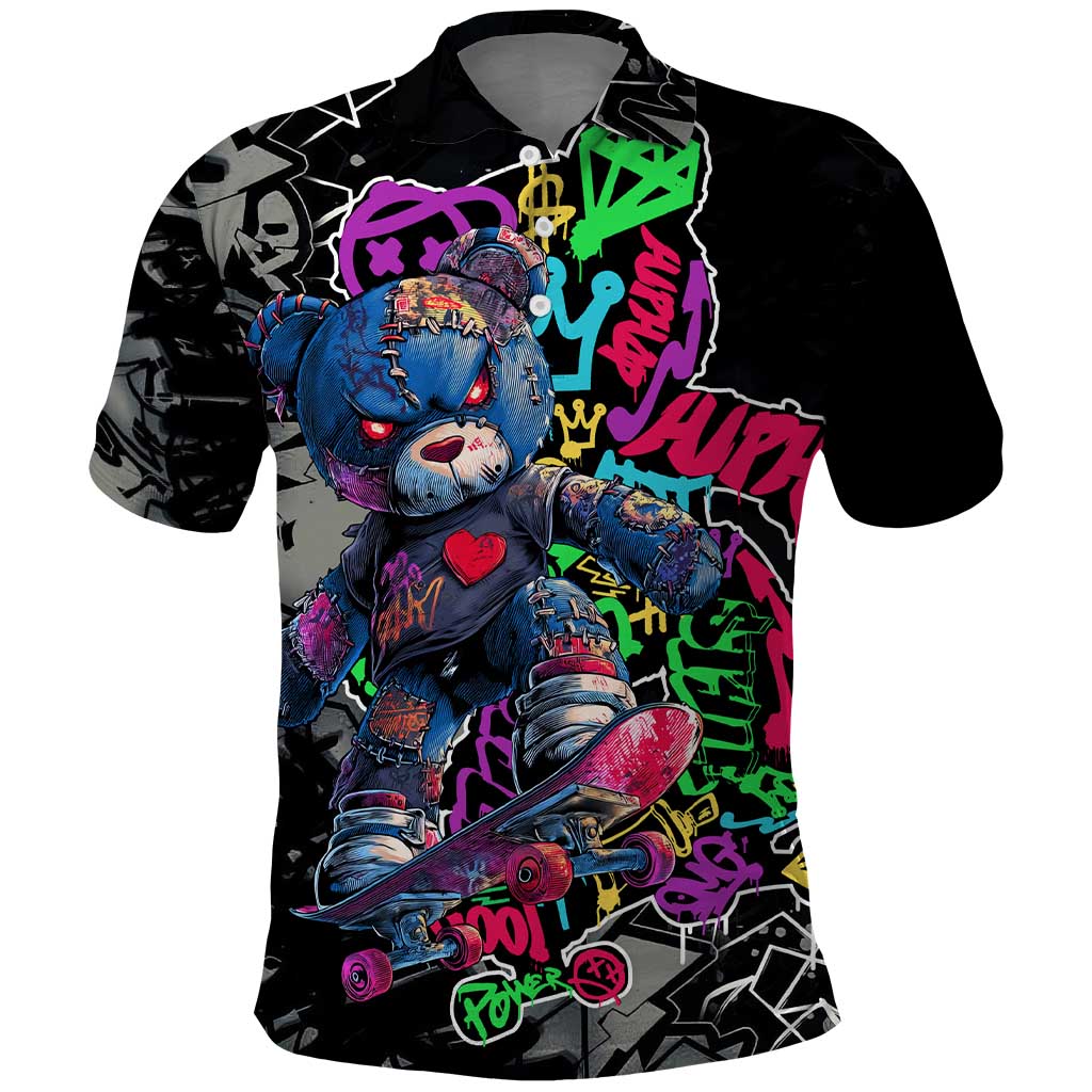 Teddy Bear Hip Hop Graffiti Street Art Polo Shirt Crown Shades and Colorful Spray Paint Design TS04