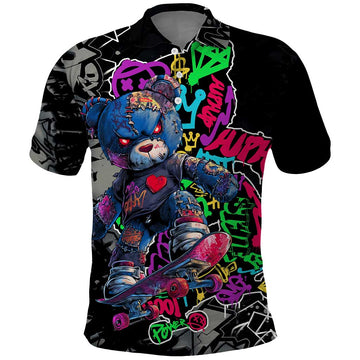 Teddy Bear Hip Hop Graffiti Street Art Polo Shirt Crown Shades and Colorful Spray Paint Design TS04