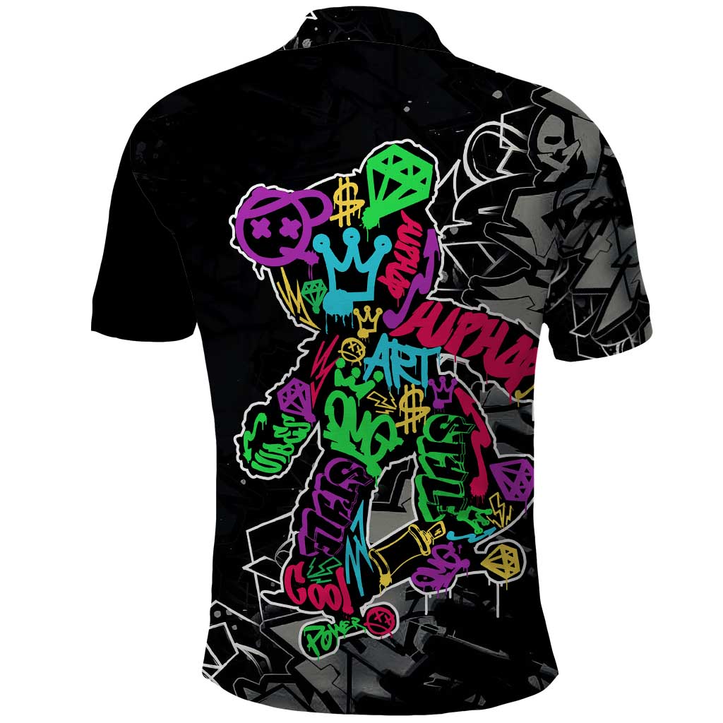 Teddy Bear Hip Hop Graffiti Street Art Polo Shirt Crown Shades and Colorful Spray Paint Design TS04