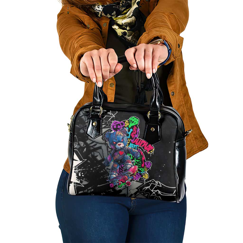 Teddy Bear Hip Hop Graffiti Street Art Shoulder Handbag Crown Shades and Colorful Spray Paint Design TS04