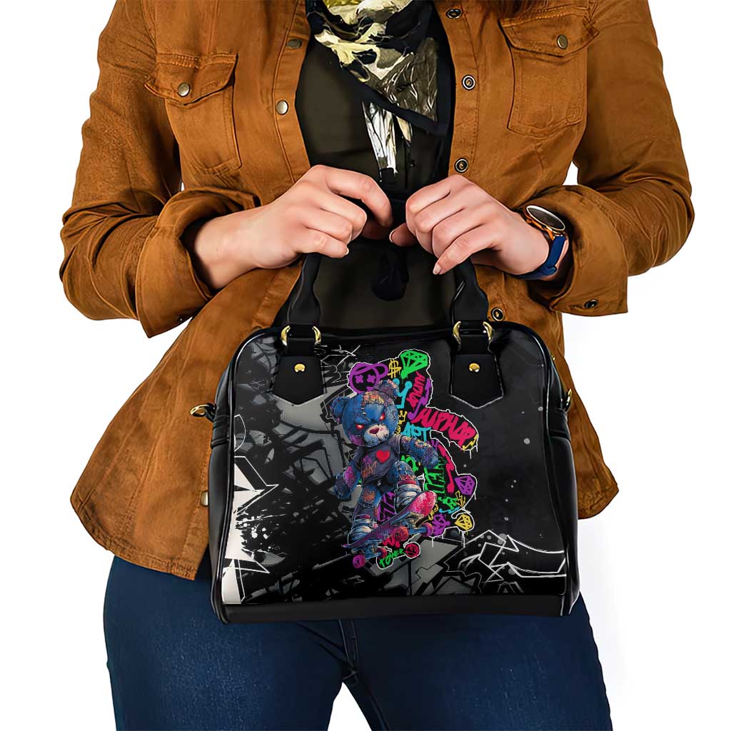 Teddy Bear Hip Hop Graffiti Street Art Shoulder Handbag Crown Shades and Colorful Spray Paint Design TS04
