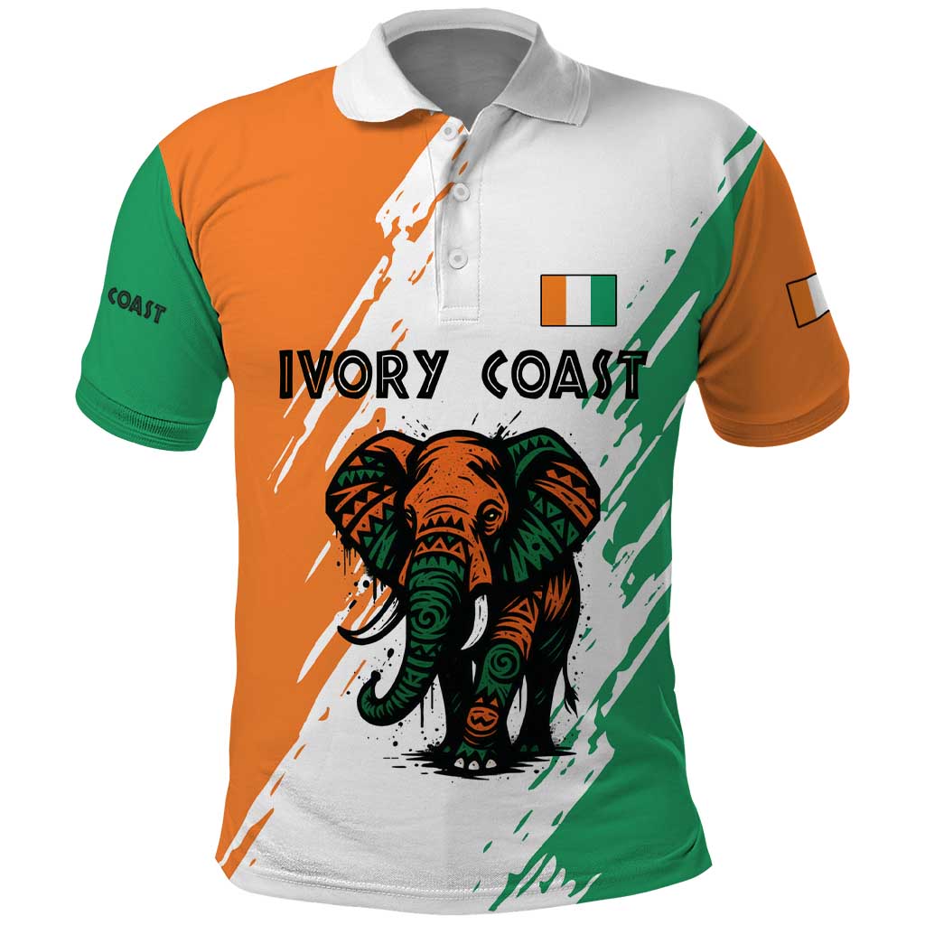 Ivory Coast Polo Shirt with Tribal Elephant and Paint Splash Design TS04