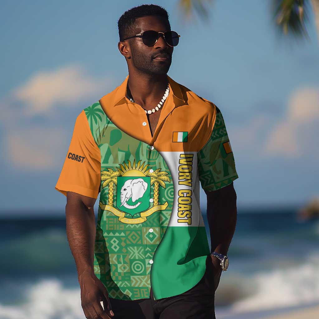 Ivory Coast Hawaiian Shirt Elephant Crest and Tribal Pattern TS04