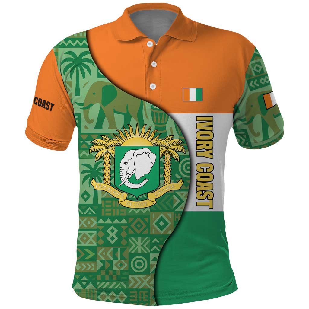 Ivory Coast Polo Shirt with Elephant Crest and Tribal Pattern Design TS04