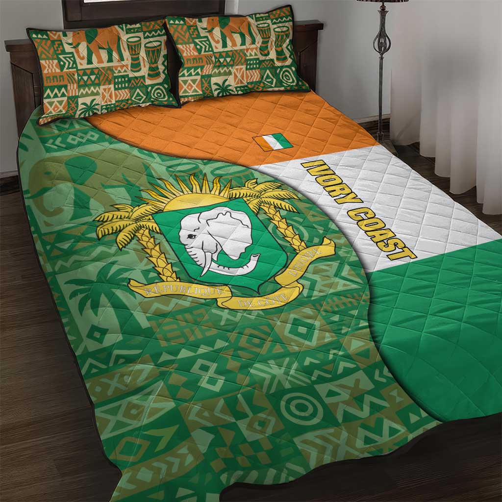 Ivory Coast Quilt Bed Set Elephant Crest and Tribal Pattern TS04