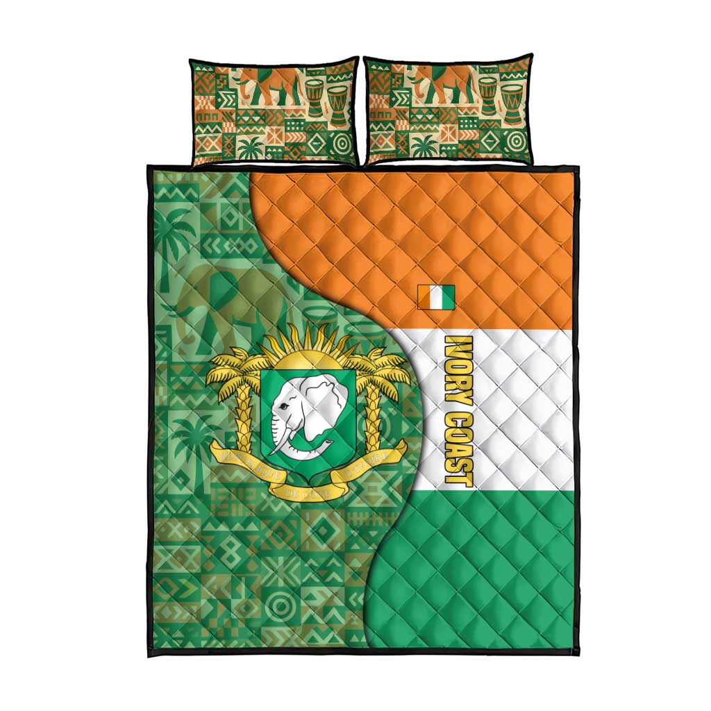 Ivory Coast Quilt Bed Set Elephant Crest and Tribal Pattern TS04