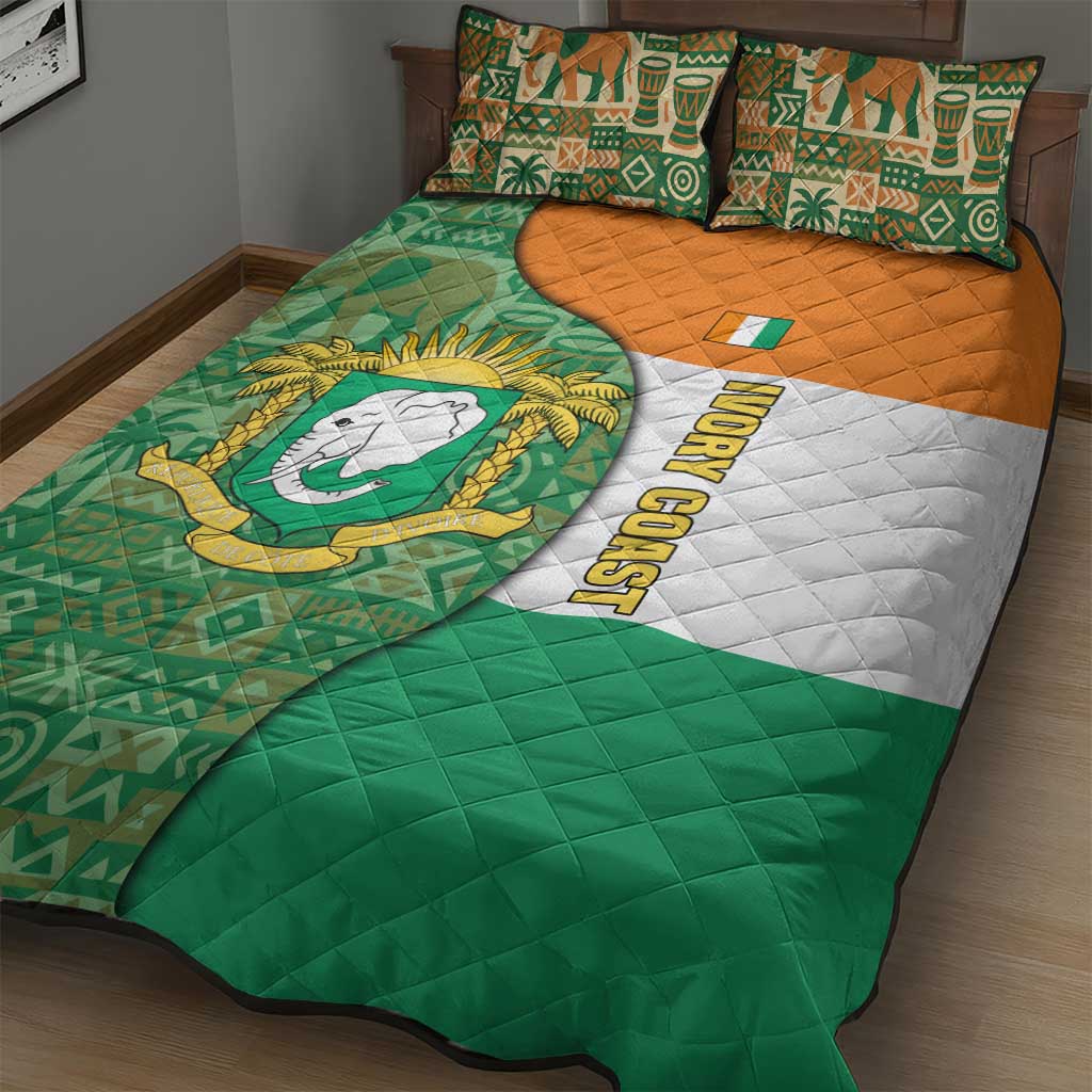 Ivory Coast Quilt Bed Set Elephant Crest and Tribal Pattern TS04
