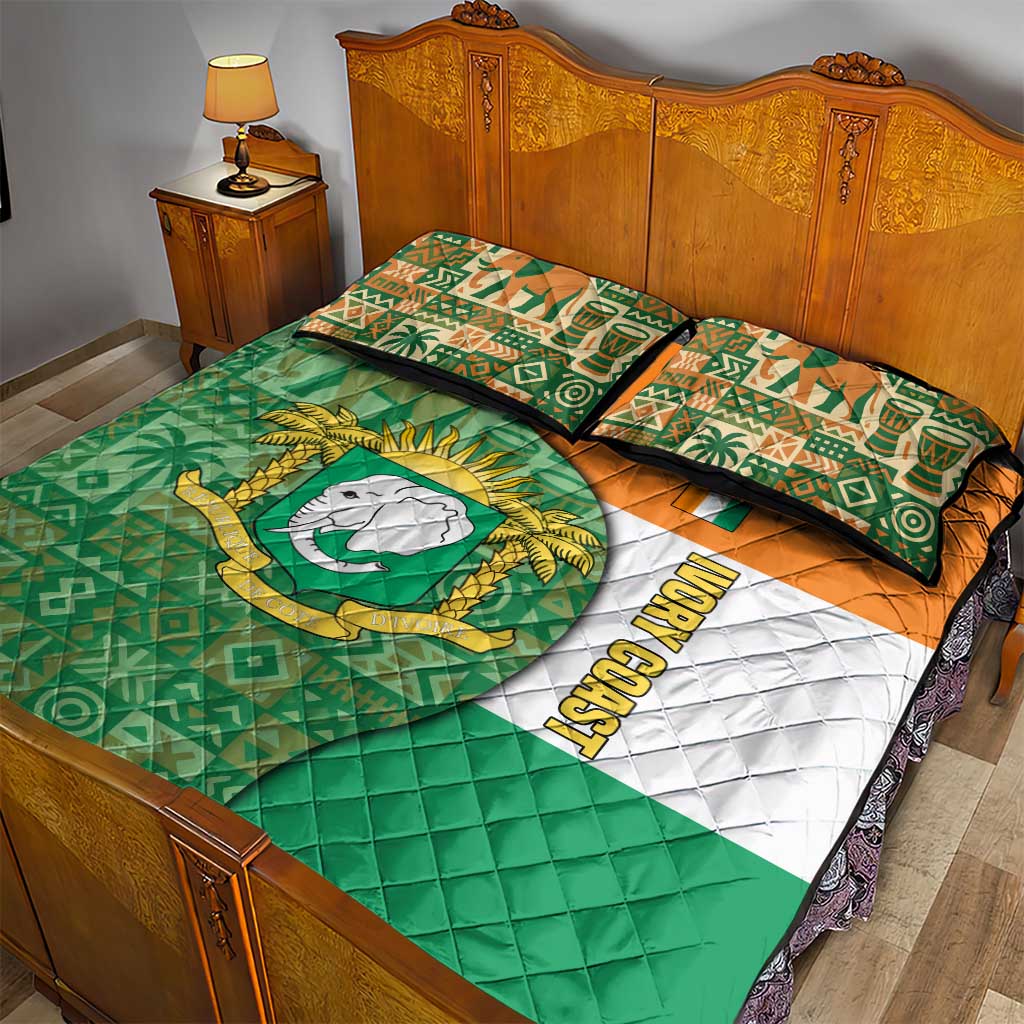 Ivory Coast Quilt Bed Set Elephant Crest and Tribal Pattern TS04