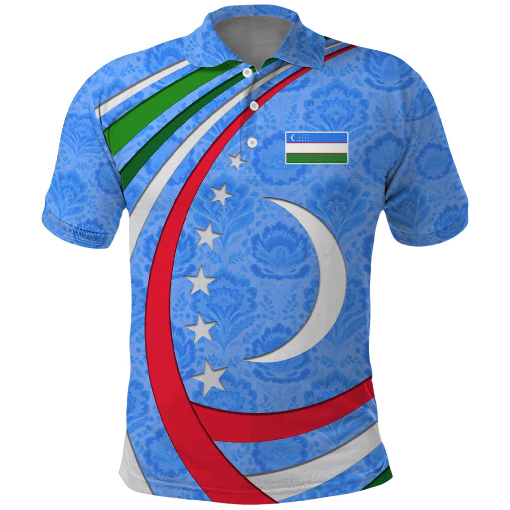 Uzbekistan Polo Shirt with Crescent Star and Ornamental Swirl Design TS04