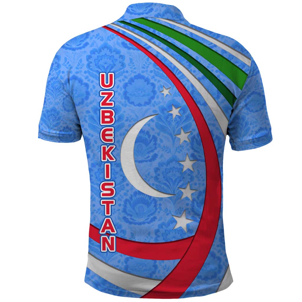 Uzbekistan Polo Shirt with Crescent Star and Ornamental Swirl Design TS04