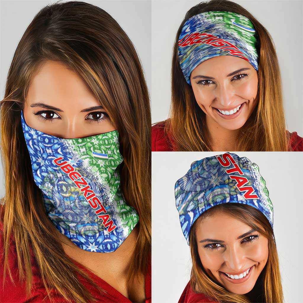 Uzbekistan Neck Gaiter with Ikat Pattern and National Coat of Arms Design TS04