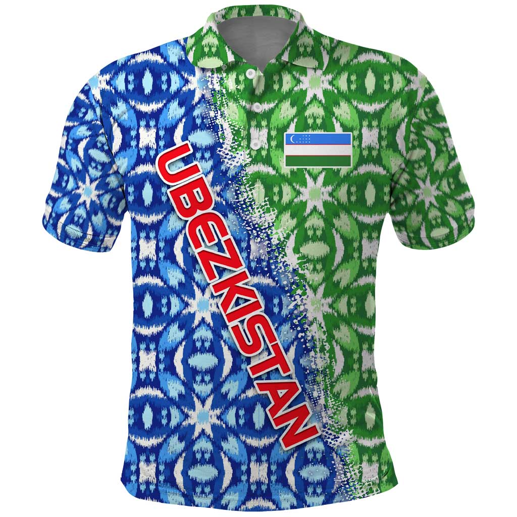 Uzbekistan Polo Shirt with Ikat Pattern and National Coat of Arms Design TS04