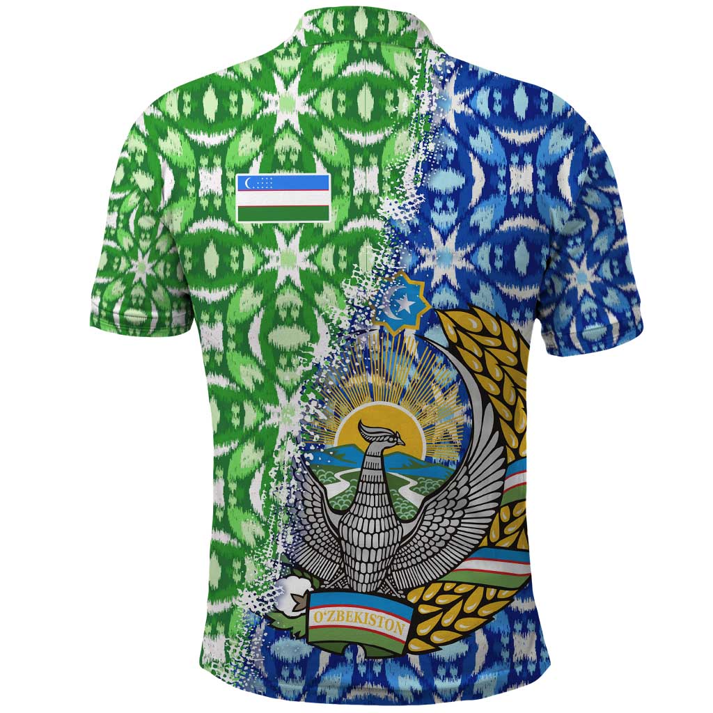 Uzbekistan Polo Shirt with Ikat Pattern and National Coat of Arms Design TS04