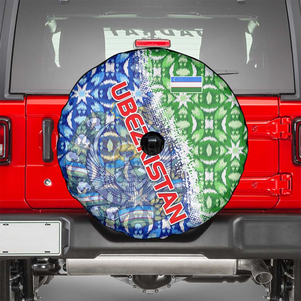 Uzbekistan Spare Tire Cover with Ikat Pattern and National Coat of Arms Design TS04