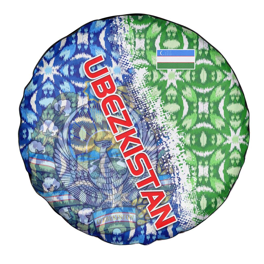 Uzbekistan Spare Tire Cover with Ikat Pattern and National Coat of Arms Design TS04