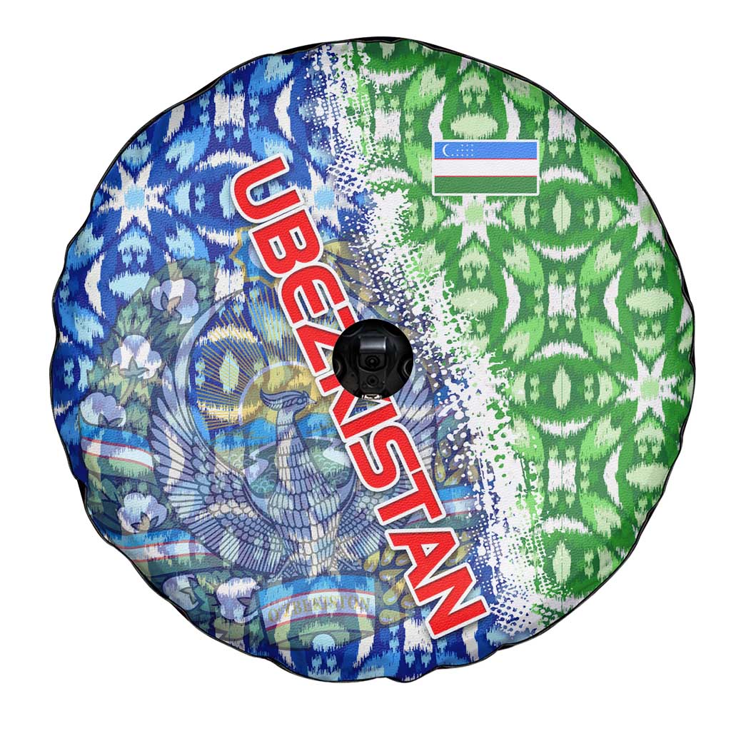 Uzbekistan Spare Tire Cover with Ikat Pattern and National Coat of Arms Design TS04