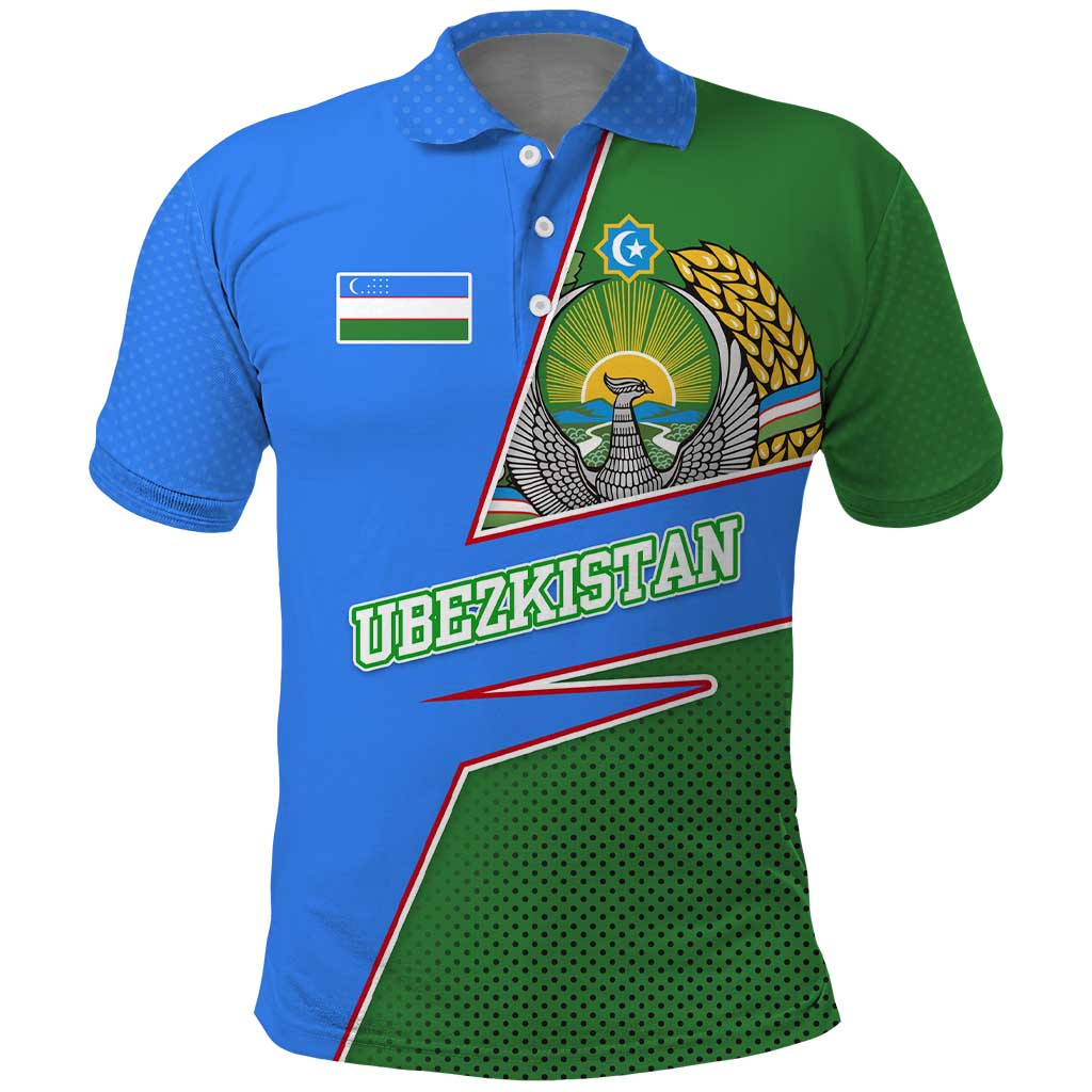 Uzbekistan Polo Shirt with National Coat of Arms and Modern Gradient Design TS04