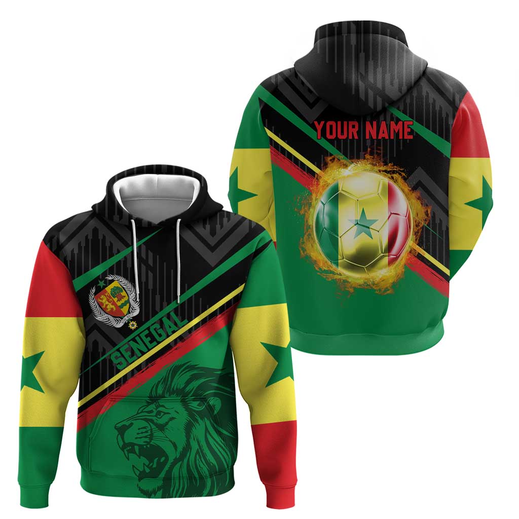 Custom Senegal Hoodie Lion Graphic, National Flag, Fiery Soccer Ball - Bold African Pride Design TS04