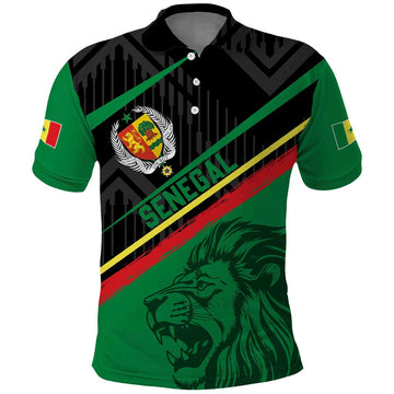 Custom Senegal Polo Shirt Lion Graphic, National Flag, Fiery Soccer Ball - Bold African Pride Design TS04