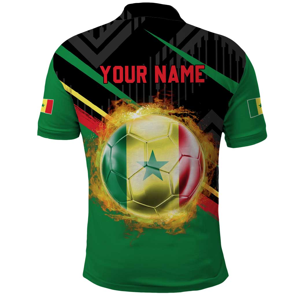 Custom Senegal Polo Shirt Lion Graphic, National Flag, Fiery Soccer Ball - Bold African Pride Design TS04