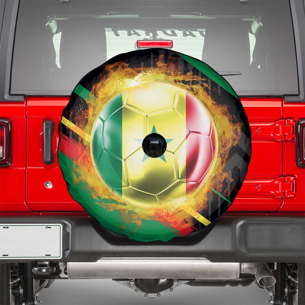 Custom Senegal Spare Tire Cover Lion Graphic, National Flag, Fiery Soccer Ball - Bold African Pride Design TS04
