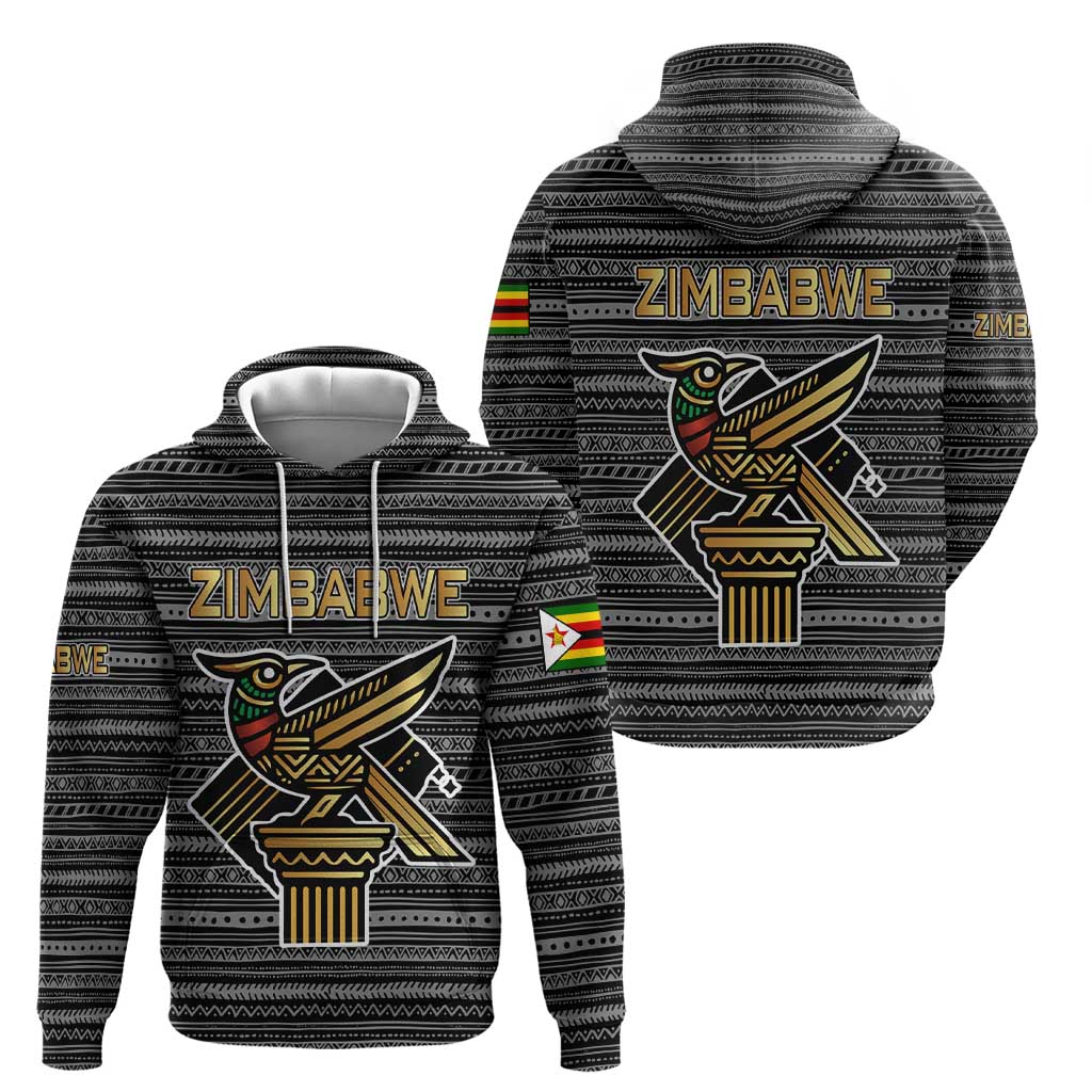 Zimbabwean Bird Statue Hoodie Tribal Pattern with National Flag Patch and Heritage Symbol TS04