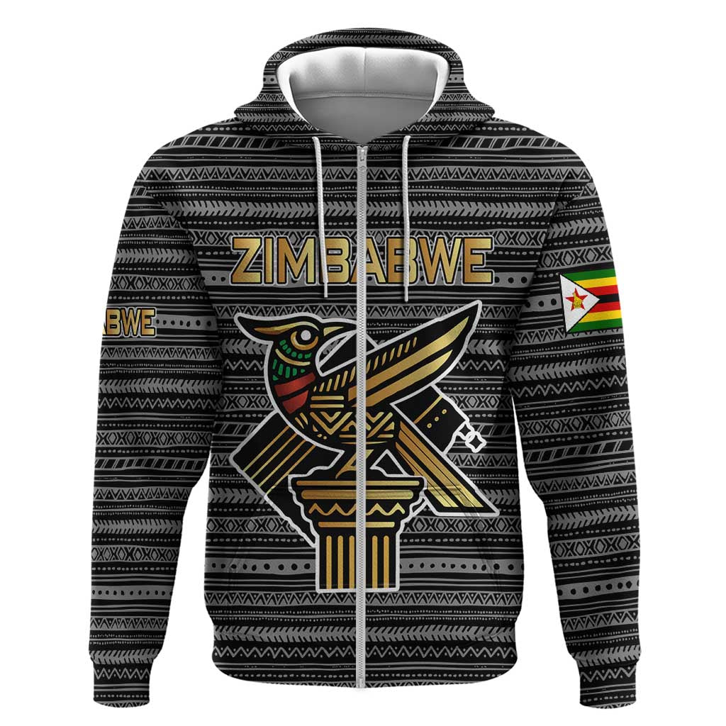 Zimbabwean Bird Statue Hoodie Tribal Pattern with National Flag Patch and Heritage Symbol TS04