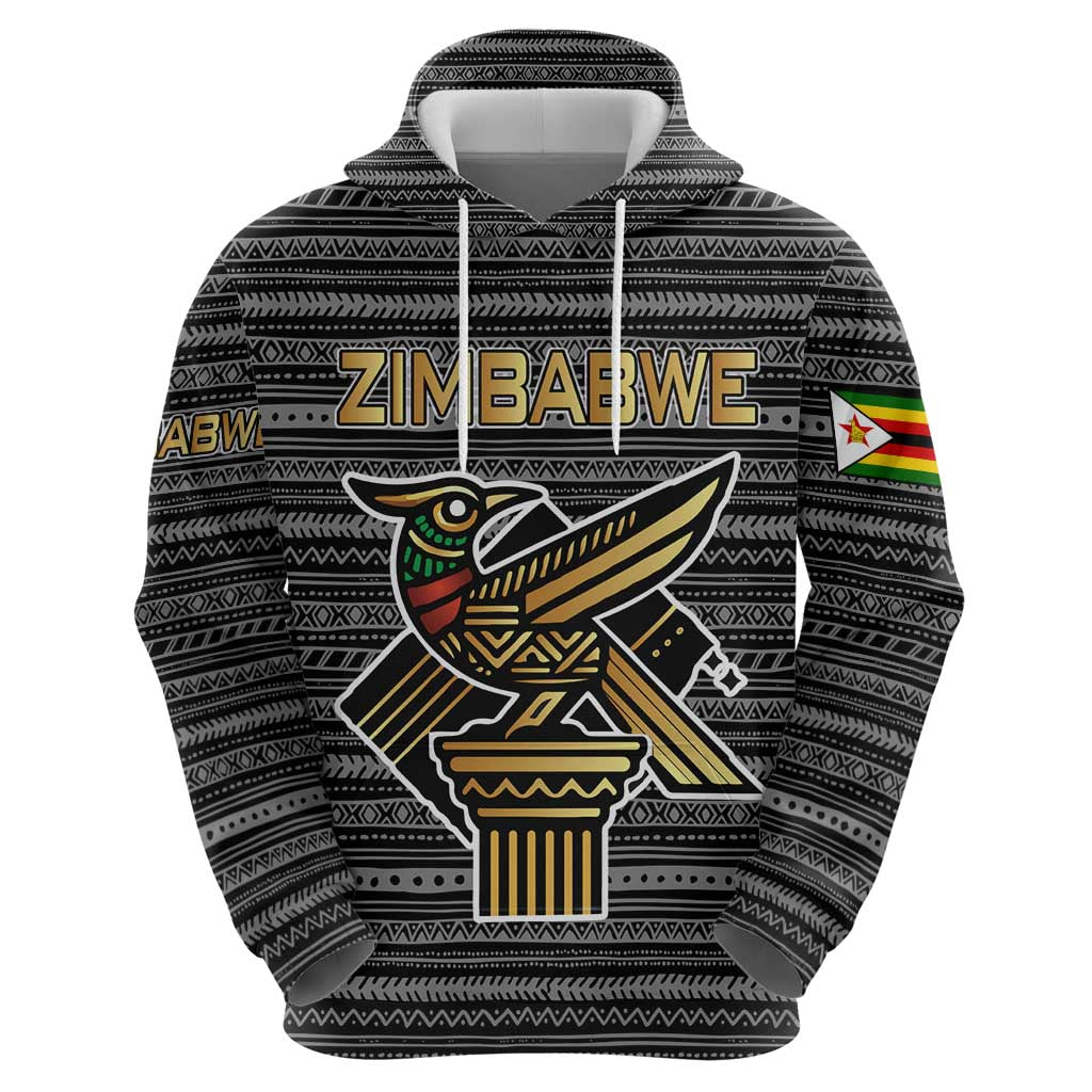 Zimbabwean Bird Statue Hoodie Tribal Pattern with National Flag Patch and Heritage Symbol TS04