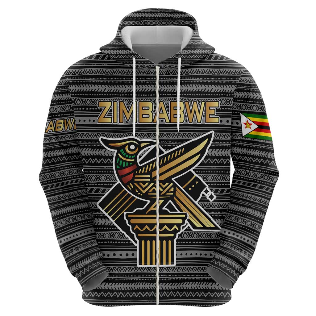 Zimbabwean Bird Statue Hoodie Tribal Pattern with National Flag Patch and Heritage Symbol TS04
